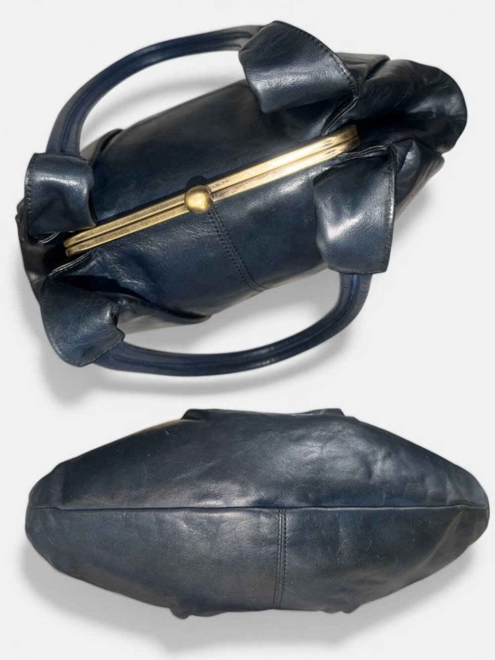 VTG HOBO Blanche Satchel Blue Glaze Leather Fortune Cookie Frame Clasp Lock Y2K - Picture 7 of 11